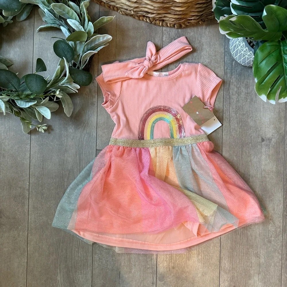 New Young Hearts Toddler Girl Pink Rainbow Tulle Twirl Dress & Hairband